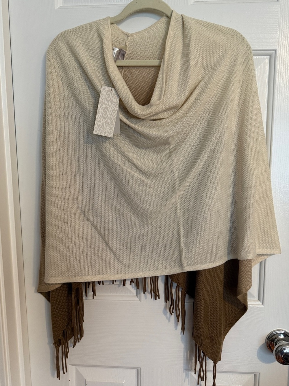 Chico's Two-Tone Fringe Wrap in Cream and Brown
